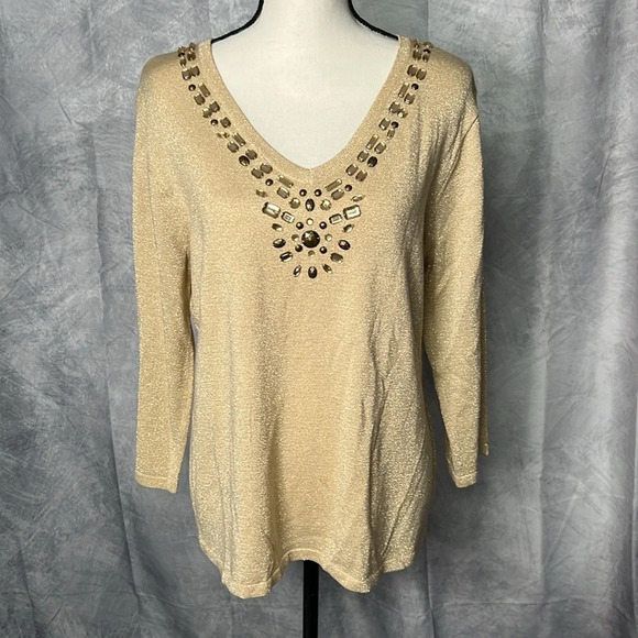 JM Collection Gold 3/4 Sleeve Beaded V-neck Sweater - size Large - Picture 1 of 10